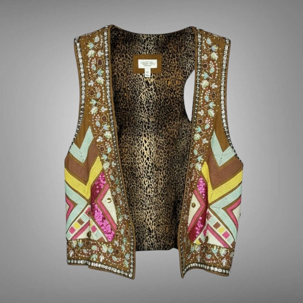 Tasha Polizzi Beaded Sequined Embellished Suede Western Vest Leopard Lining XL